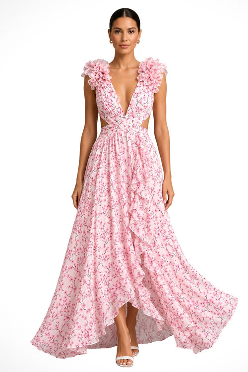 Bernadette | Women's Floral Maxi Dress with V-Neck and Ruffled Shoulders, Wedding Guest Dress | Bella Blue | Pink