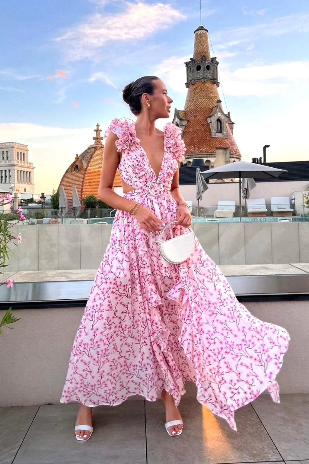 Bernadette | Women's Floral Maxi Dress with V-Neck and Ruffled Shoulders, Wedding Guest Dress | Bella Blue | Orange