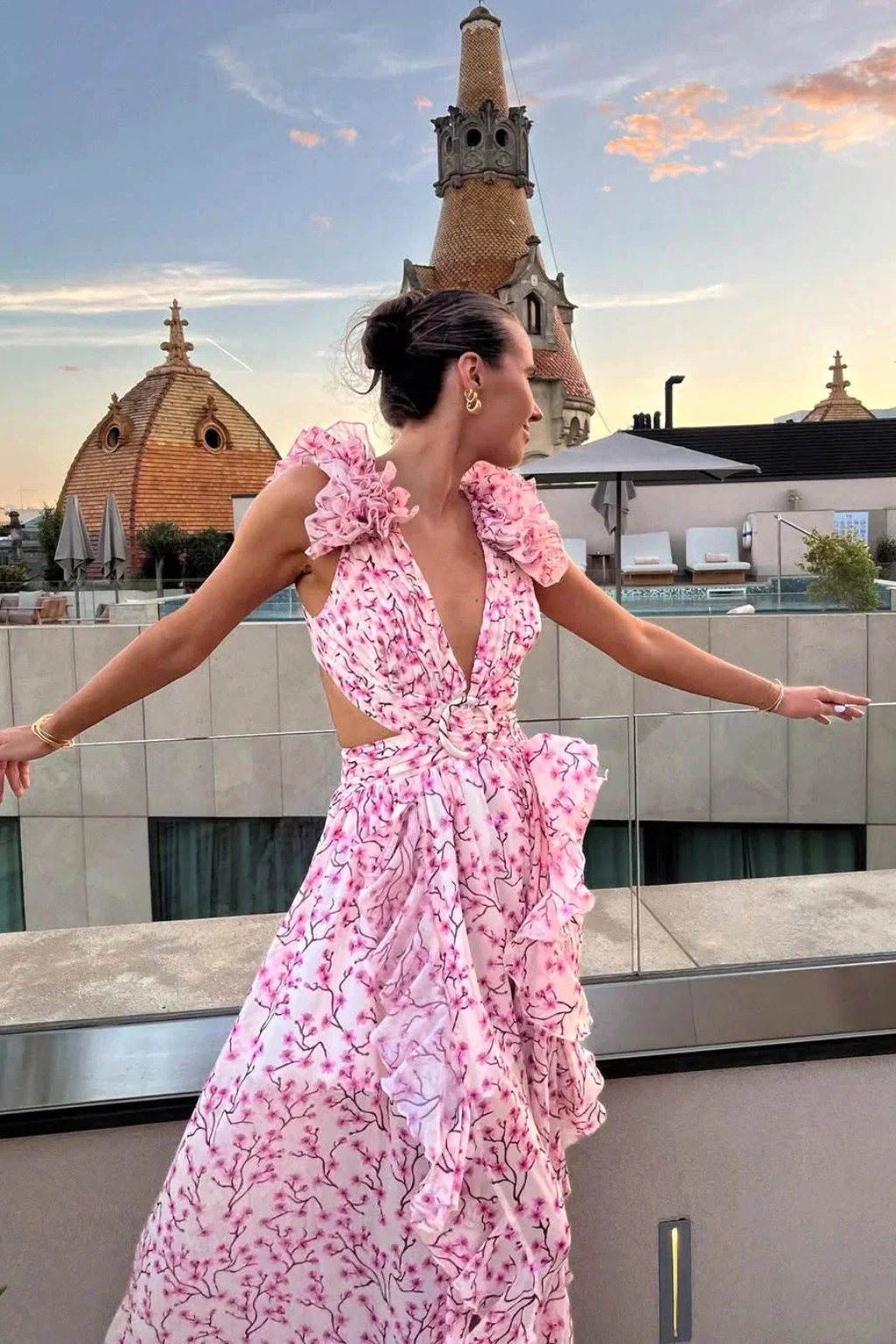 Bernadette | Women's Floral Maxi Dress with V-Neck and Ruffled Shoulders, Wedding Guest Dress | Bella Blue