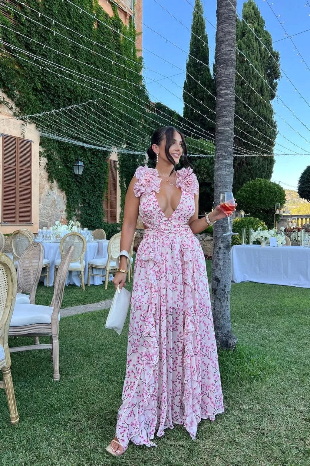 Bernadette | Women's Floral Maxi Dress with V-Neck and Ruffled Shoulders, Wedding Guest Dress | Bella Blue