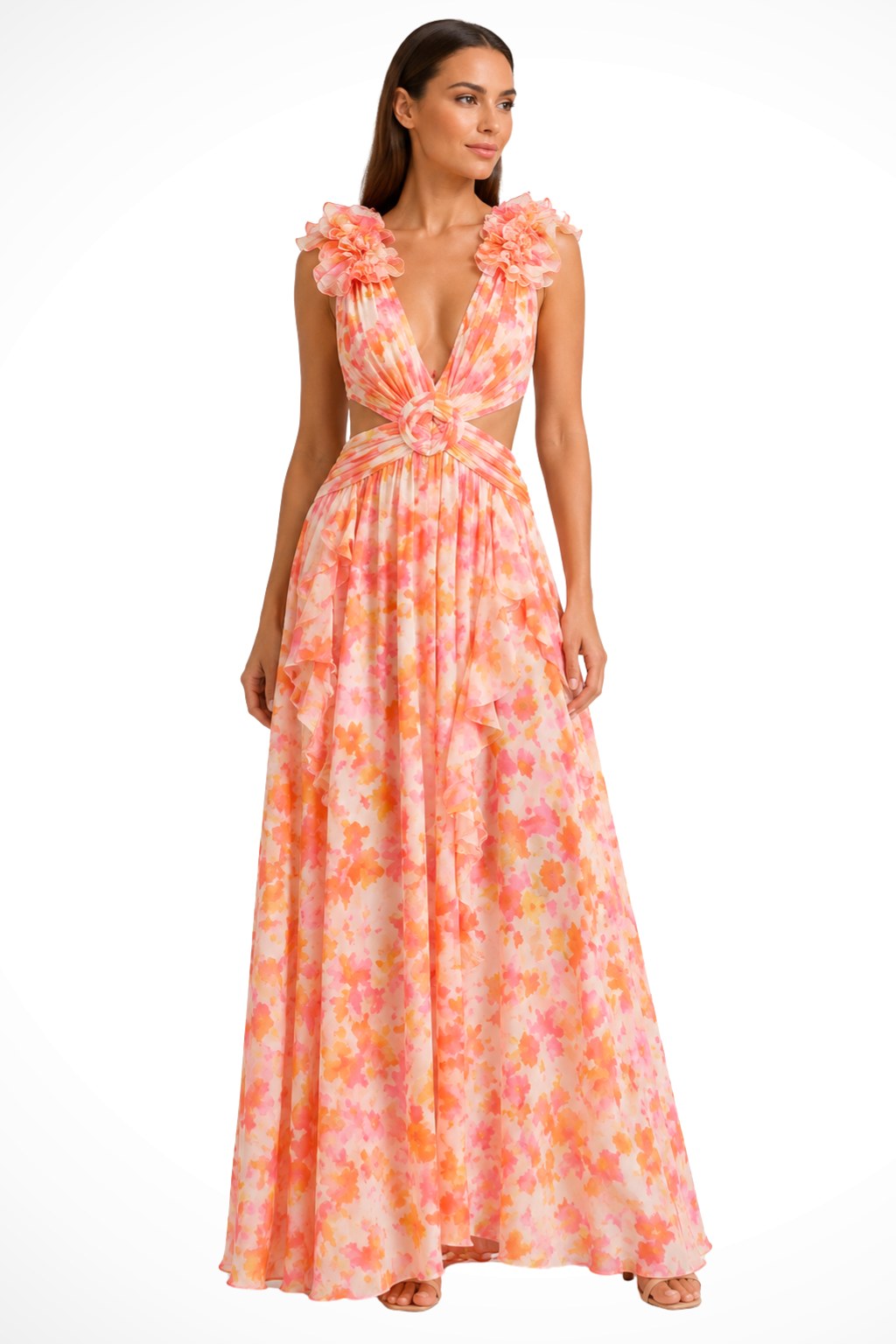 Bernadette | Women's Floral Maxi Dress with V-Neck and Ruffled Shoulders, Wedding Guest Dress | Bella Blue