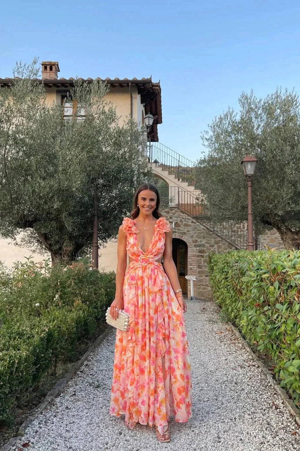 Bernadette | Women's Floral Maxi Dress with V-Neck and Ruffled Shoulders, Wedding Guest Dress | Bella Blue