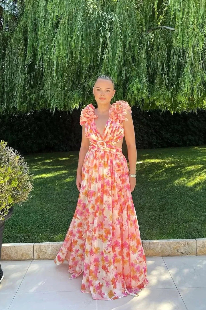 Bernadette | Women's Floral Maxi Dress with V-Neck and Ruffled Shoulders, Wedding Guest Dress | Bella Blue