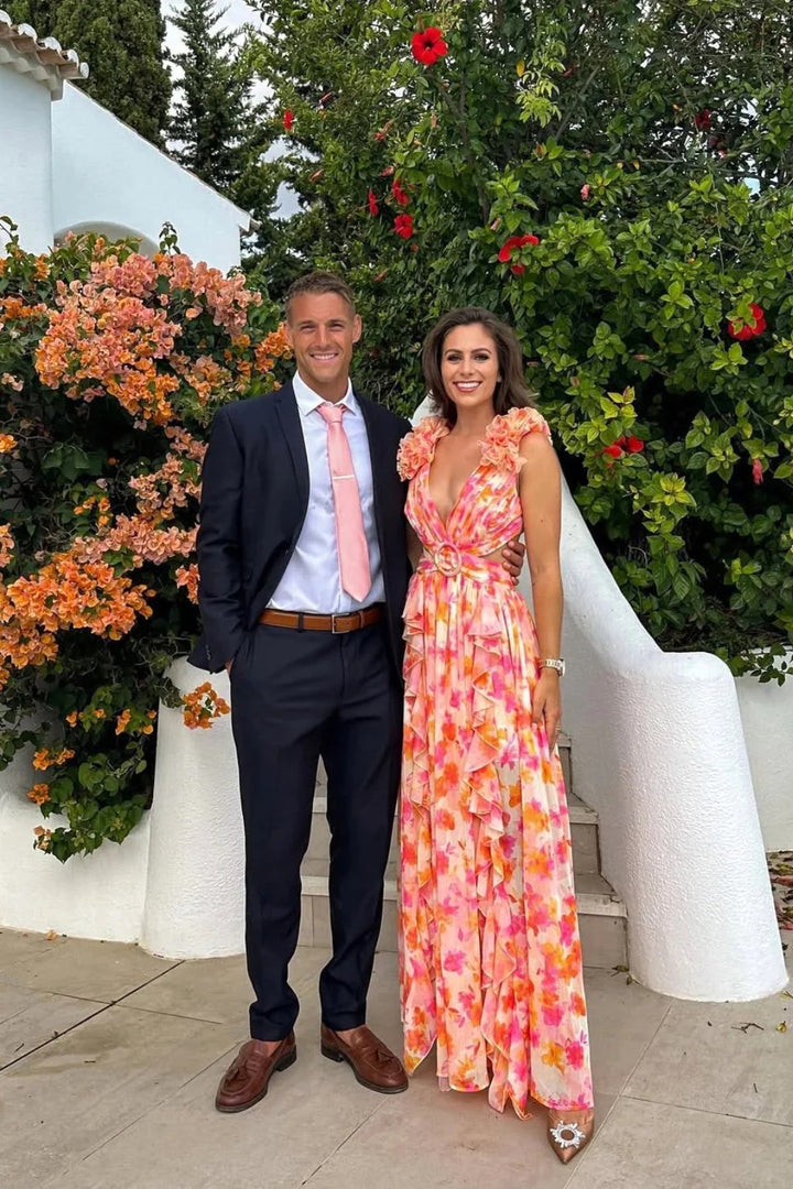Bernadette | Women's Floral Maxi Dress with V-Neck and Ruffled Shoulders, Wedding Guest Dress | Bella Blue