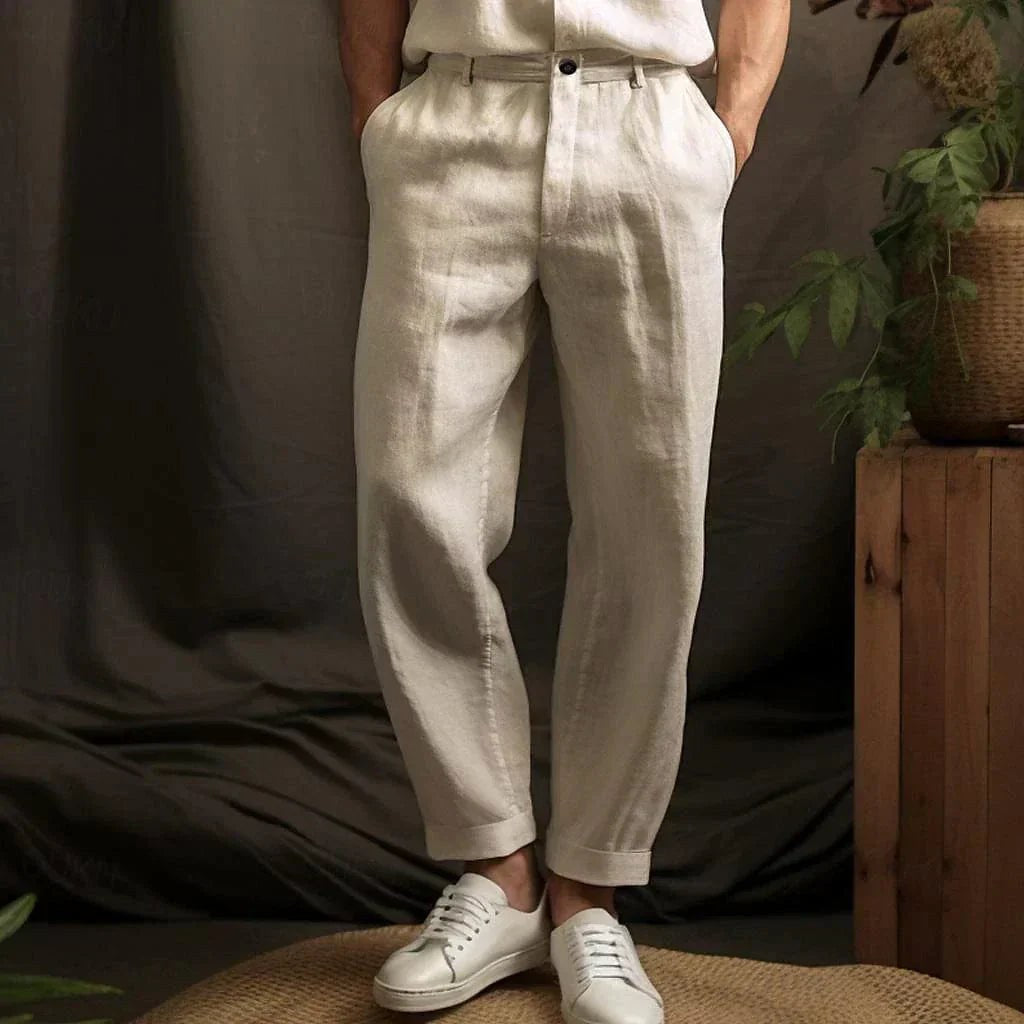 Bernhard | Men's Linen Trousers, Relaxed Cut, Casual Trousers | Bella Blue | Beige