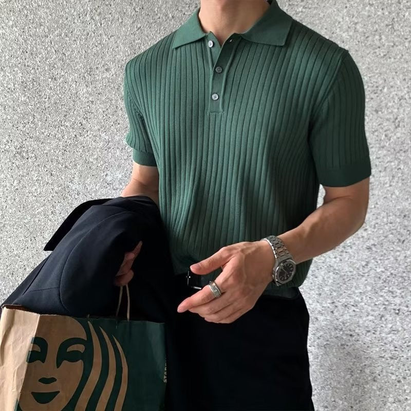 Brett | Men's Cotton Ribbed Polo Shirt, Short-Sleeve Casual Shirt | Bella Blue