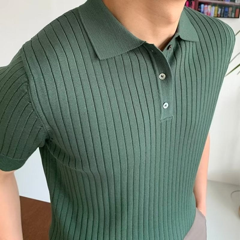 Brett | Men's Cotton Ribbed Polo Shirt, Short-Sleeve Casual Shirt | Bella Blue