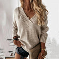 Brielle | Women's Relaxed V-Neck Oversized Jumper, Chunky Knit Sweater | Bella Blue | Beige