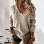 Brielle | Women's Relaxed V-Neck Oversized Jumper, Chunky Knit Sweater | Bella Blue | Beige