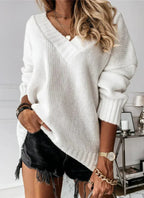 Brielle | Women's Relaxed V-Neck Oversized Jumper, Chunky Knit Sweater | Bella Blue | White