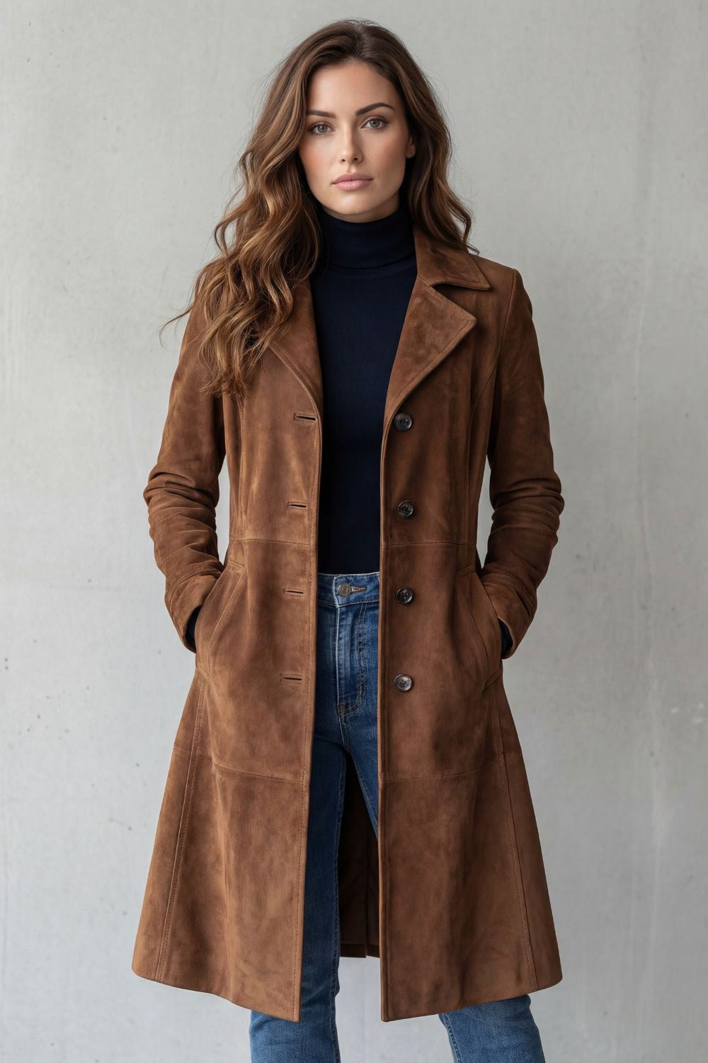 Brooke | Women's Long Button-Front Wool Coat, Tailored Winter Coat | Bella Blue | Brown