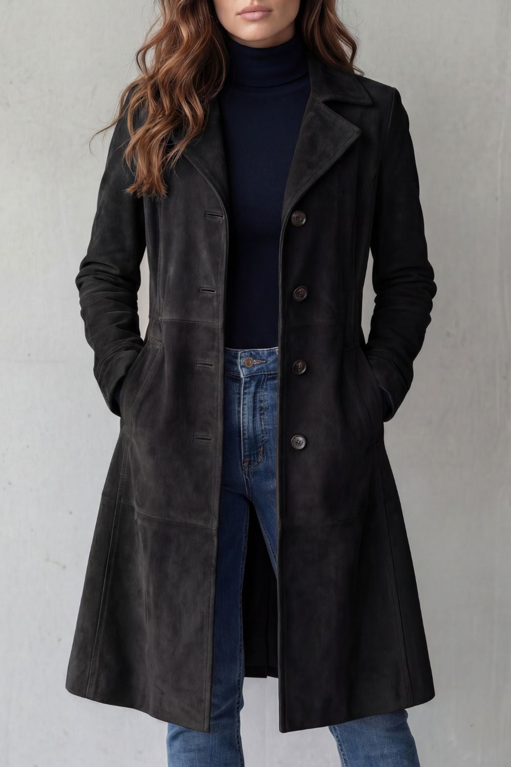 Brooke | Women's Long Button-Front Wool Coat, Tailored Winter Coat | Bella Blue | Navy