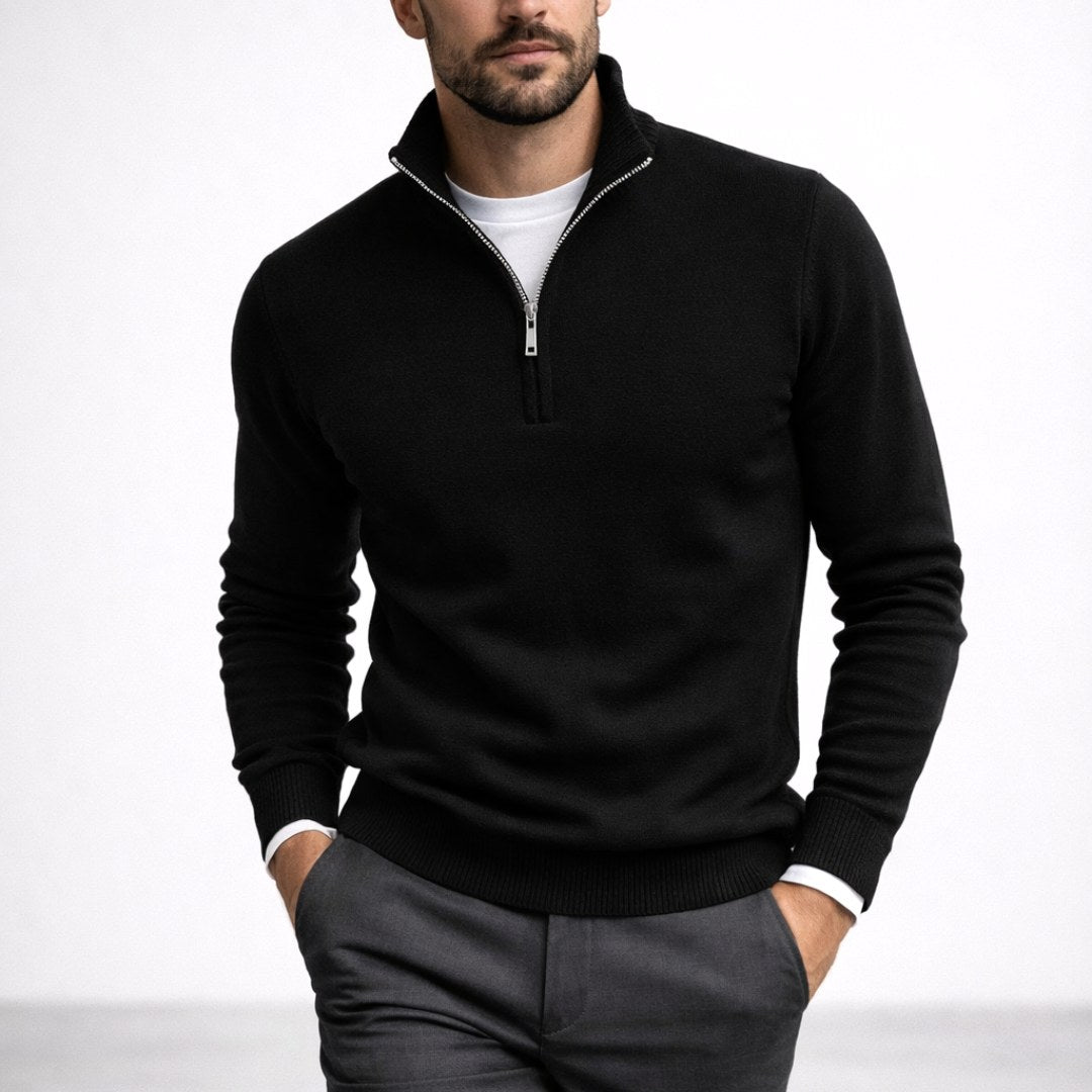 Burkhard | Men's Jumper with Zip, Structured Jumper | Bella Blue | Black