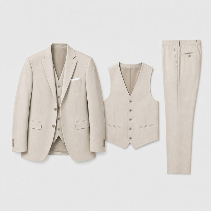 Callum | Men's Linen Three-Piece Suit with Waistcoat, Tailored Blazer Suit | Bella Blue | Beige