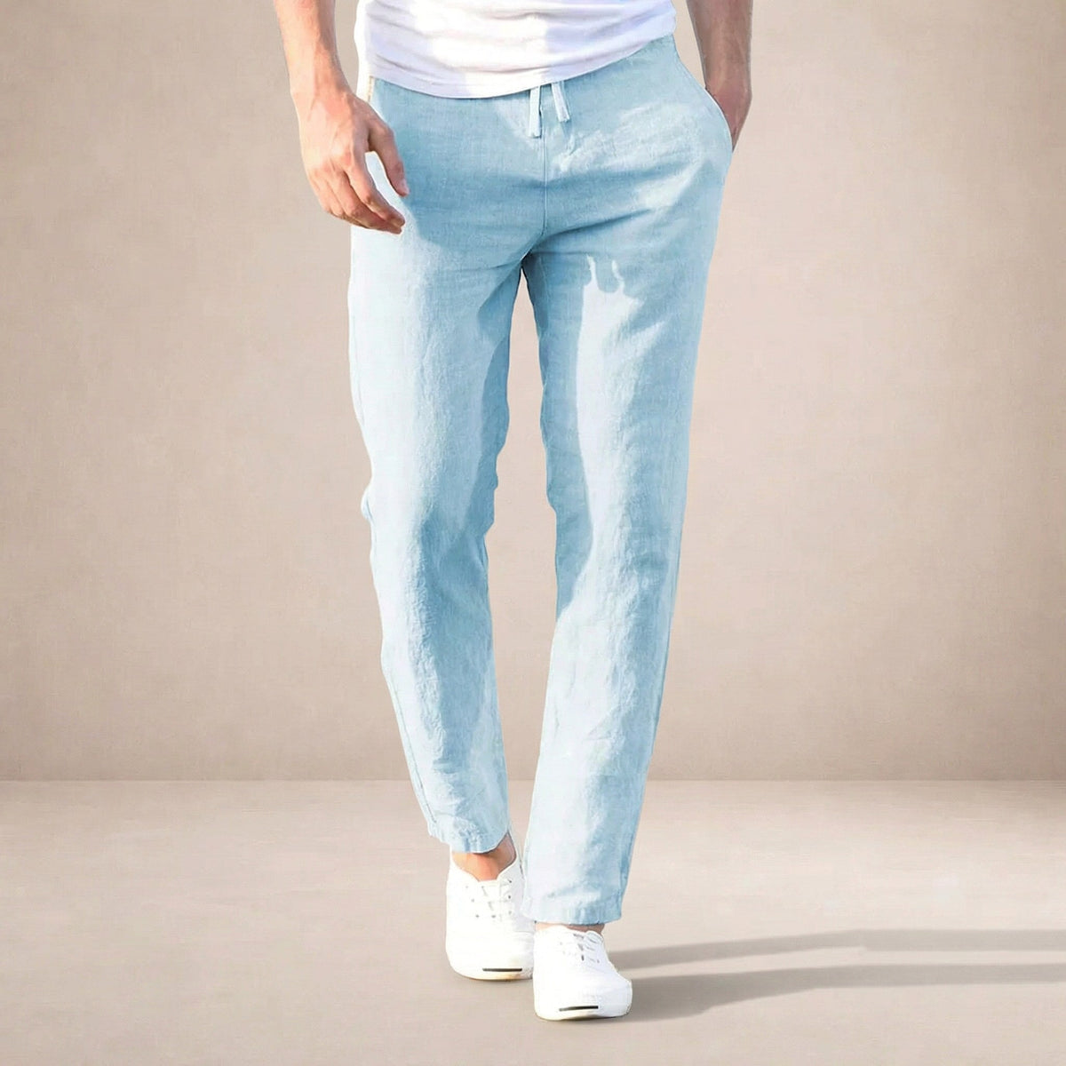 Callum | Men's Tapered Linen Trousers, Casual Everyday Trousers | Bella Blue