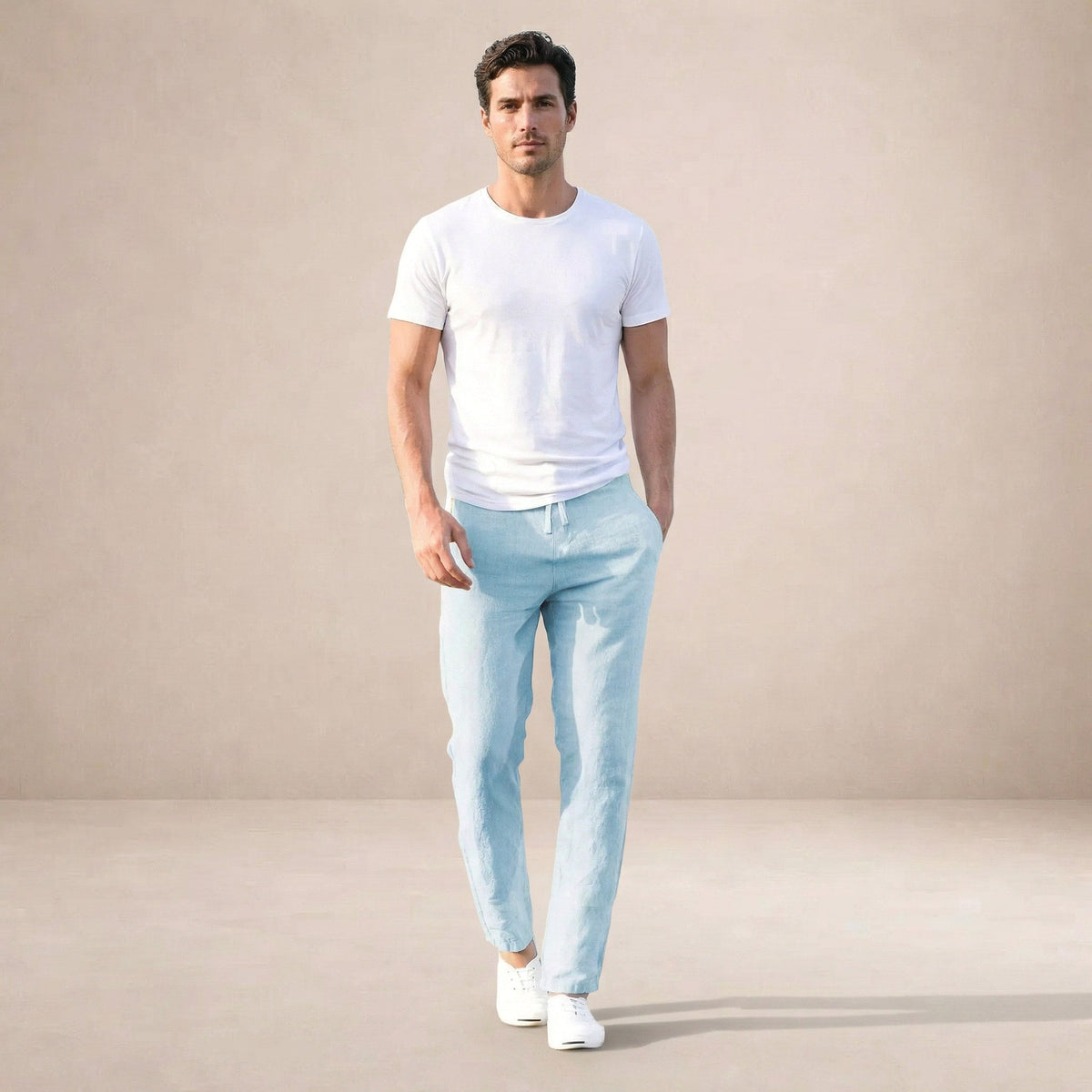 Callum | Men's Tapered Linen Trousers, Casual Everyday Trousers | Bella Blue