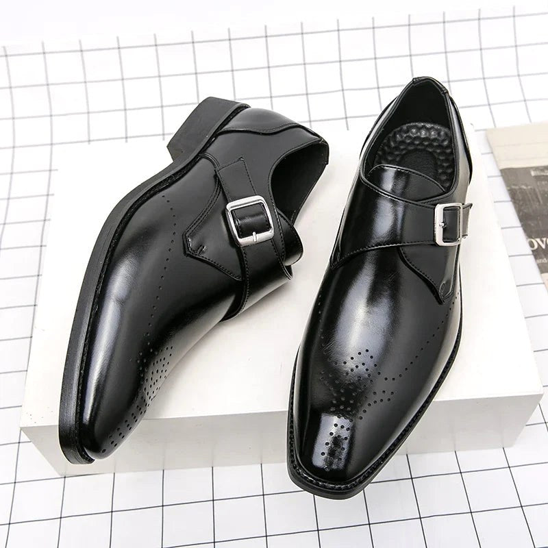 Cameron | Men's Dress Shoes with Single Strap Buckle, Formal Strap Loafers | Bella Blue | Black