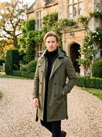 Cameron | Men's Hooded Mid-Length Trench Coat, Structured Autumn Coat | Bella Blue | Olive Green