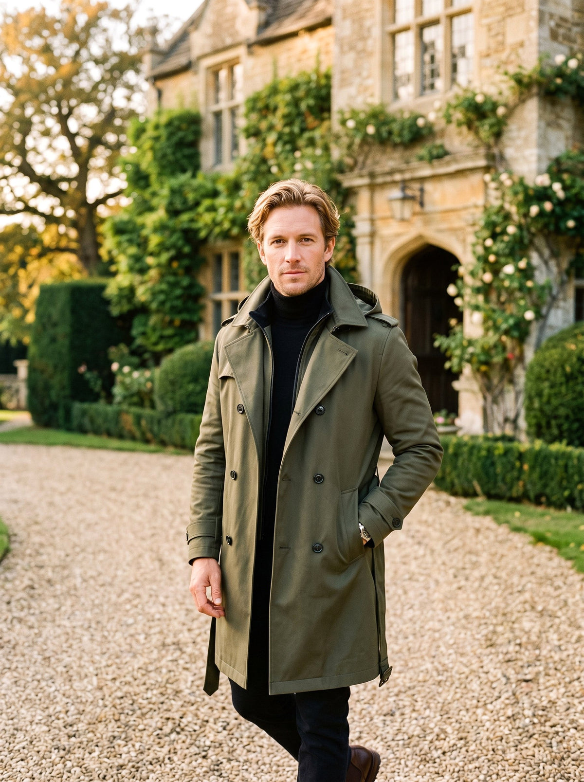 Cameron | Men's Hooded Mid-Length Trench Coat, Structured Autumn Coat | Bella Blue | Olive Green