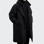 Cameron | Men's Hooded Mid-Length Trench Coat, Structured Autumn Coat | Bella Blue | Onyx Black