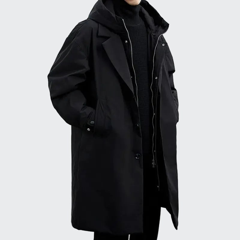 Cameron | Men's Hooded Mid-Length Trench Coat, Structured Autumn Coat | Bella Blue | Onyx Black