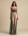 Camille | Women's Strapless Pleated Maxi Dress, Multicoloured Striped Evening Dress | Bella Blue | Multicoulored