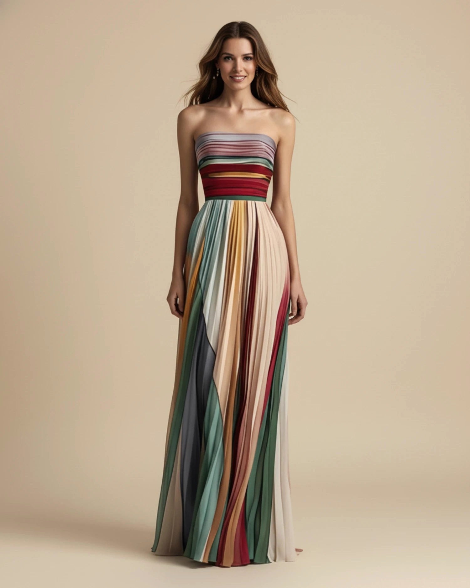 Camille | Women's Strapless Pleated Maxi Dress, Multicoloured Striped Evening Dress | Bella Blue | Multicoulored