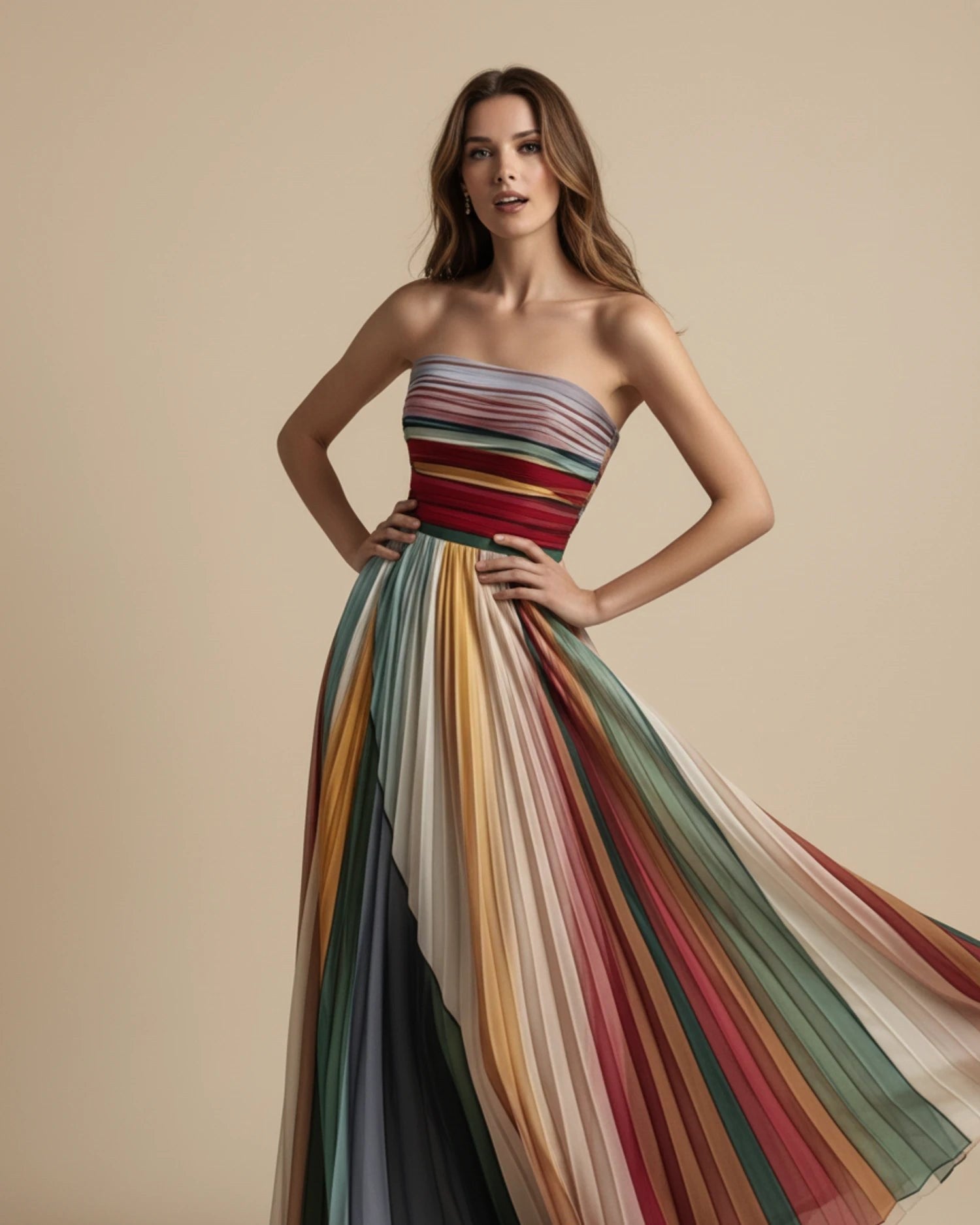 Camille | Women's Strapless Pleated Maxi Dress, Multicoloured Striped Evening Dress | Bella Blue