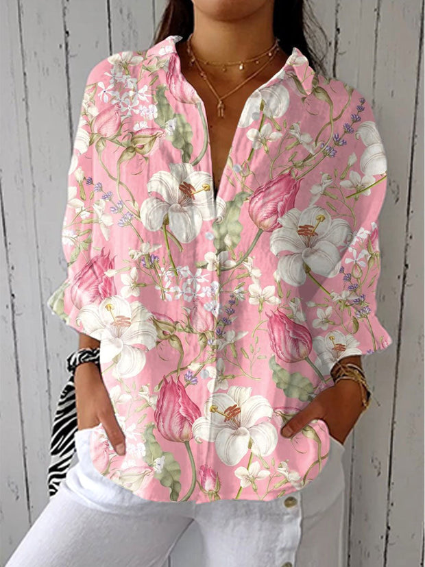 Caroline | Women's Floral Blouse with Delicate Lily Print - Multicolor