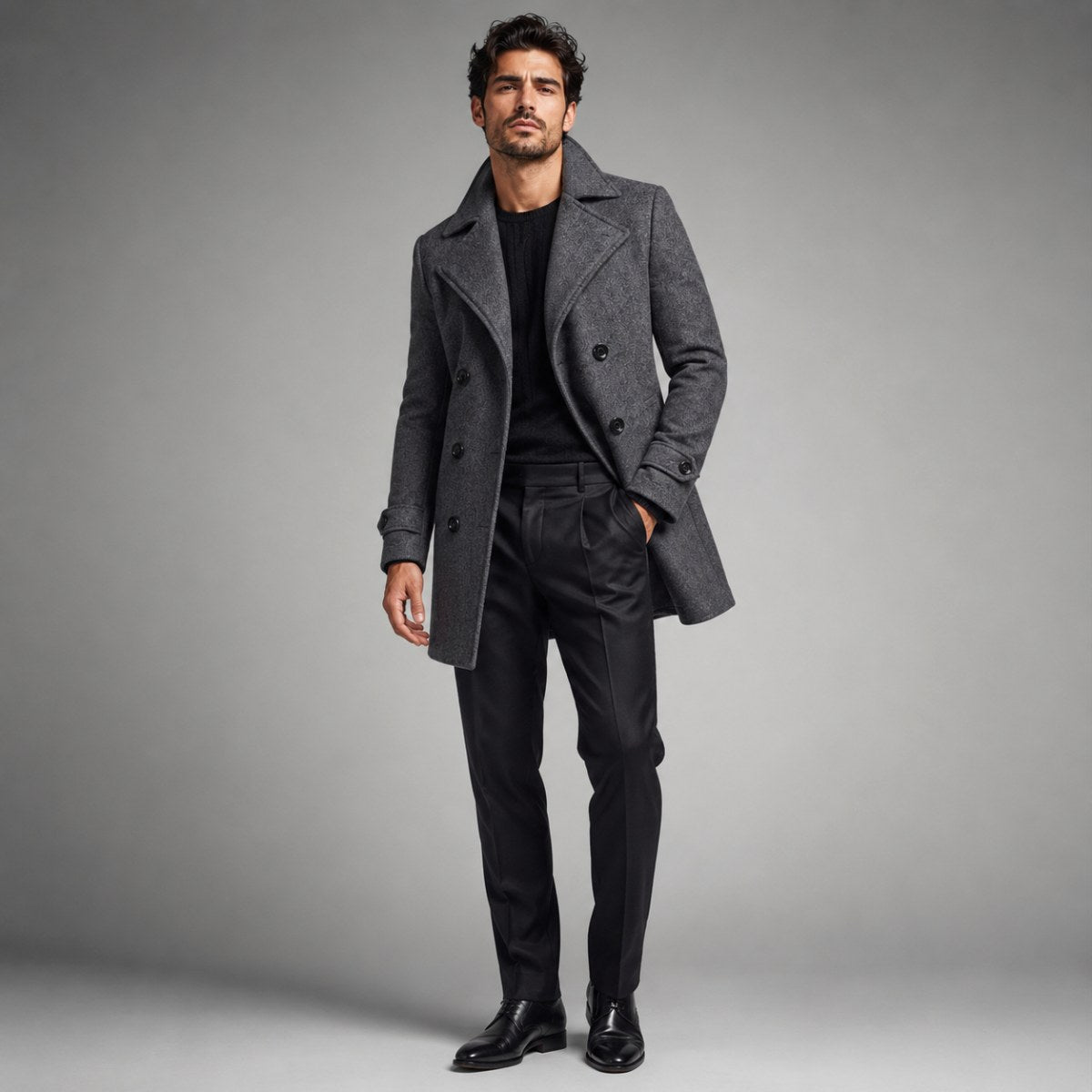 Carson | Men's Double Breasted Wool Trench Coat, Long Tailored Coat | Bella Blue | Black