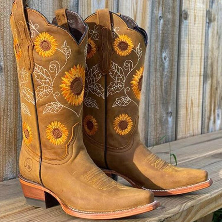 Cassidy | Women's Sunflower Embroidered Western Boots - Khaki