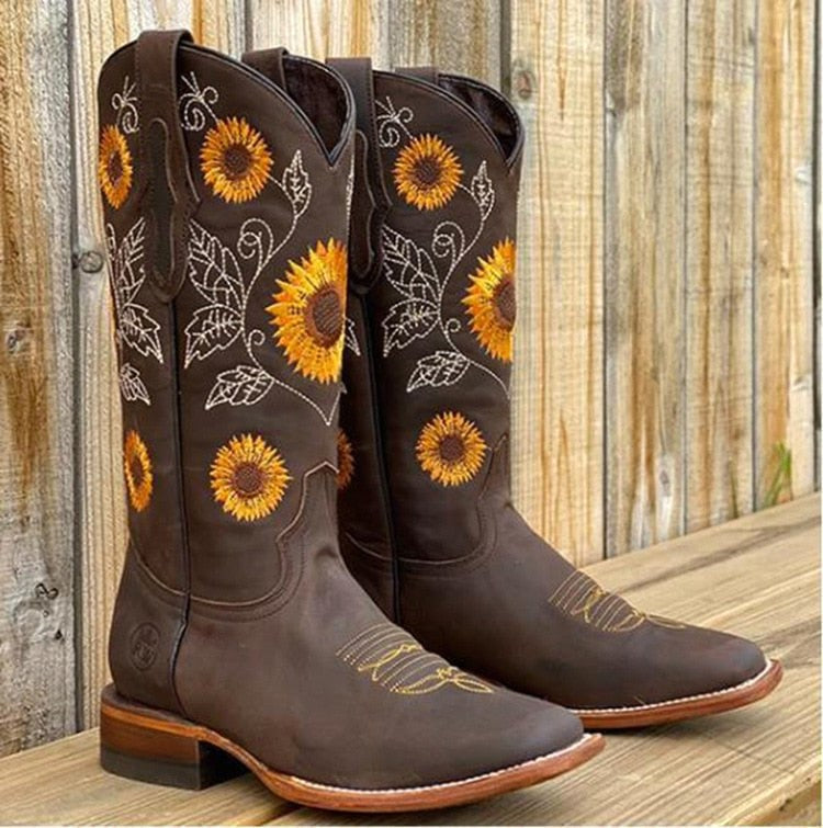 Cassidy | Women's Sunflower Embroidered Western Boots - Dark Brown
