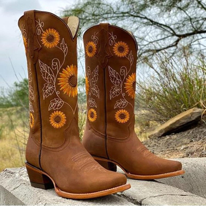 Cassidy | Women's Sunflower Embroidered Western Boots - Brown