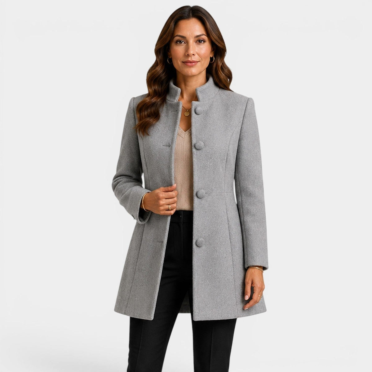 Cecilia | Women's Fitted Wool Coat, Classic Button-Front Coat | Bella Blue