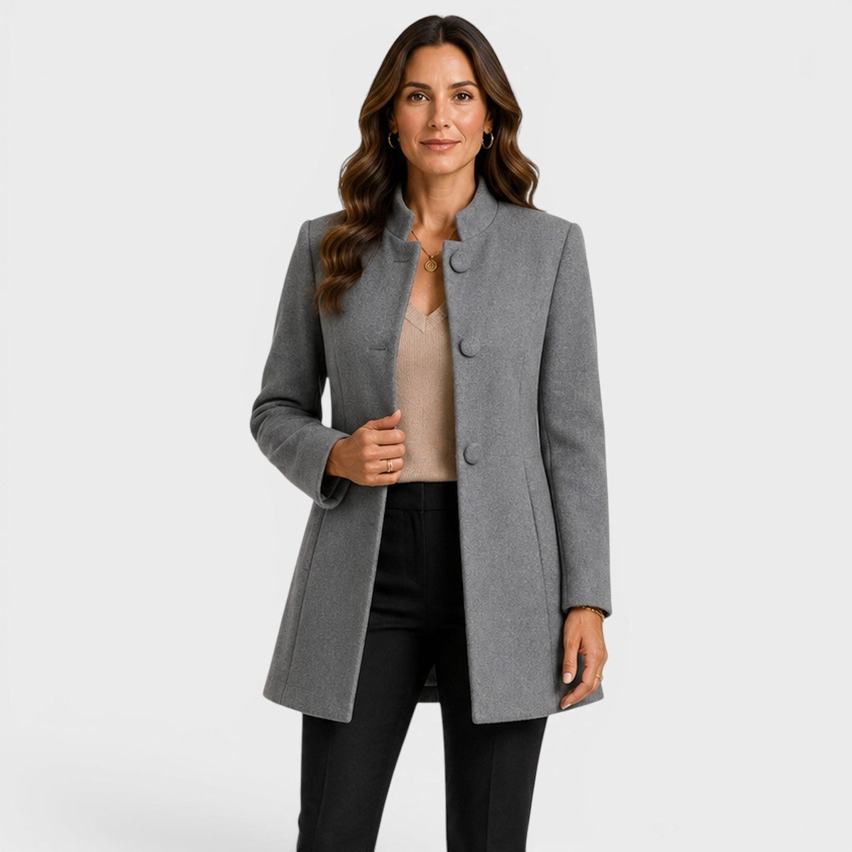 Cecilia | Women's Fitted Wool Coat, Classic Button-Front Coat | Bella Blue