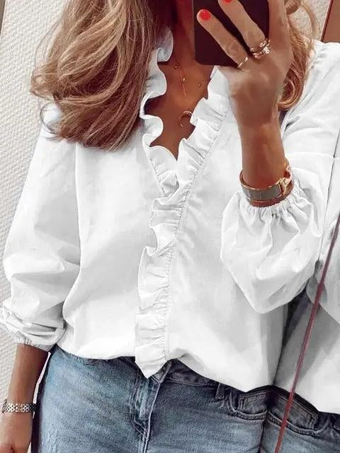Celeste | Women's Ruffle V-Neck Blouse, Long-Sleeve Casual Blouse | Bella Blue