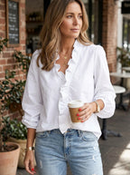 Celeste | Women's Ruffle V-Neck Blouse, Long-Sleeve Casual Blouse | Bella Blue