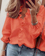 Celeste | Women's Ruffle V-Neck Blouse, Long-Sleeve Casual Blouse | Bella Blue