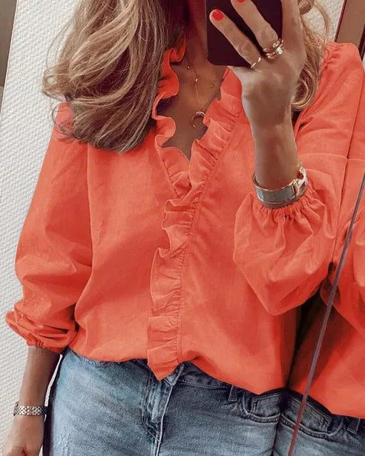 Celeste | Women's Ruffle V-Neck Blouse, Long-Sleeve Casual Blouse | Bella Blue