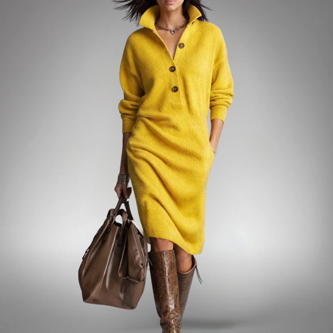 Celine | Women's Wool Mix Knit Polo Dress, Quarter-Button Midi Dress | Bella Blue