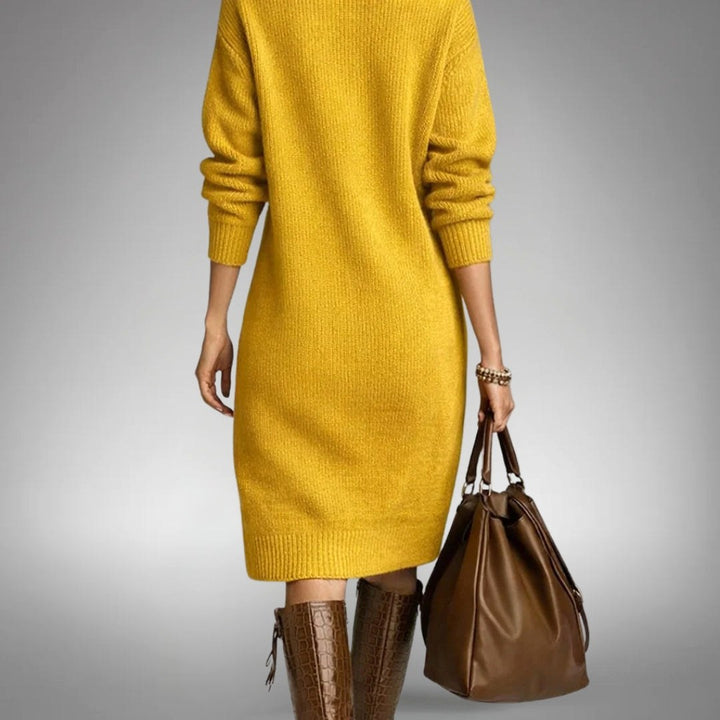 Celine | Women's Wool Mix Knit Polo Dress, Quarter-Button Midi Dress | Bella Blue