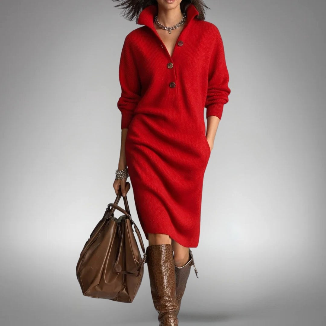 Celine | Women's Wool Mix Knit Polo Dress, Quarter-Button Midi Dress | Bella Blue