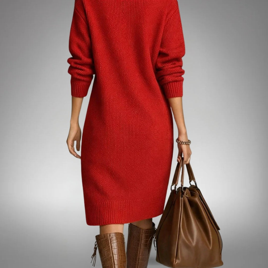 Celine | Women's Wool Mix Knit Polo Dress, Quarter-Button Midi Dress | Bella Blue