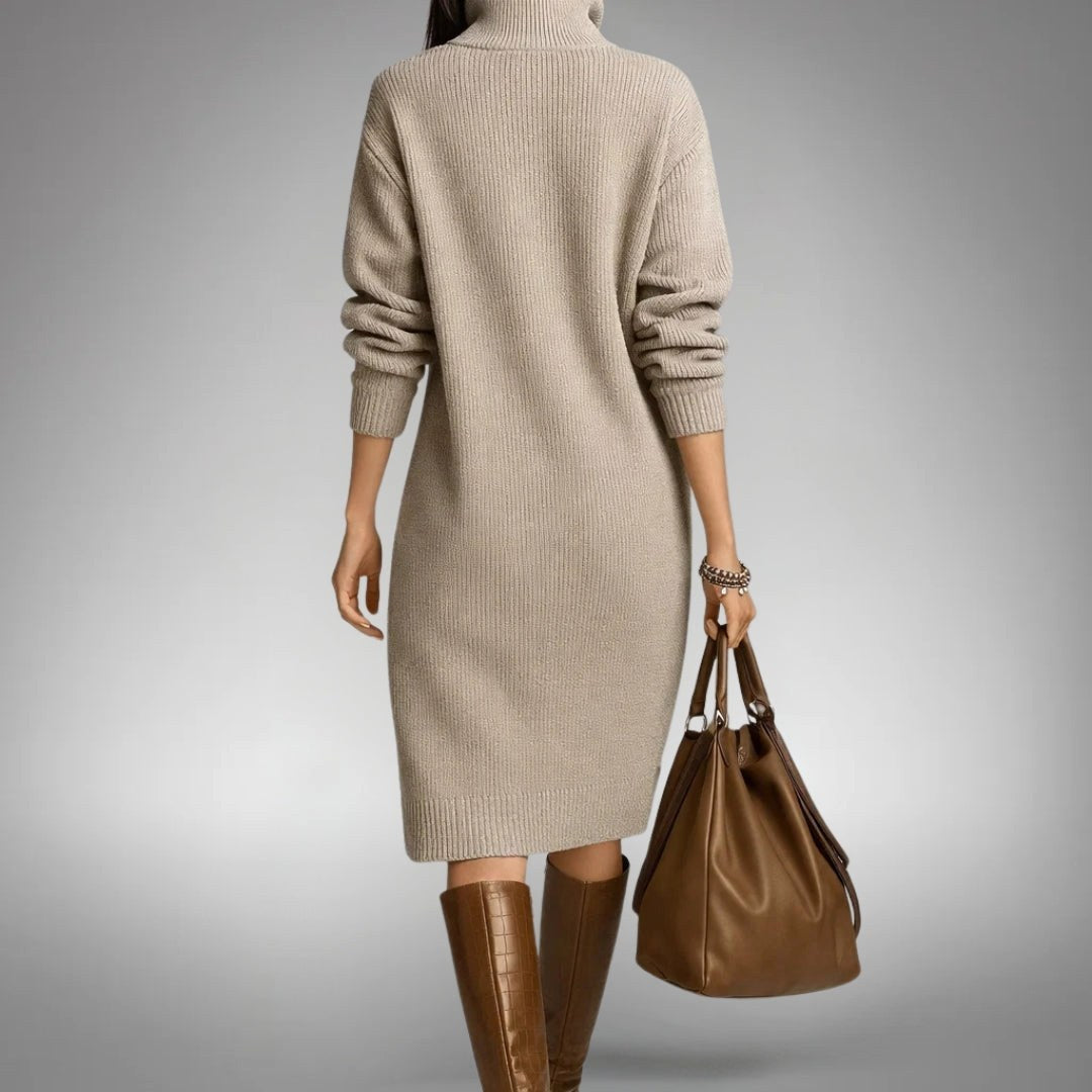 Celine | Women's Wool Mix Knit Polo Dress, Quarter-Button Midi Dress | Bella Blue