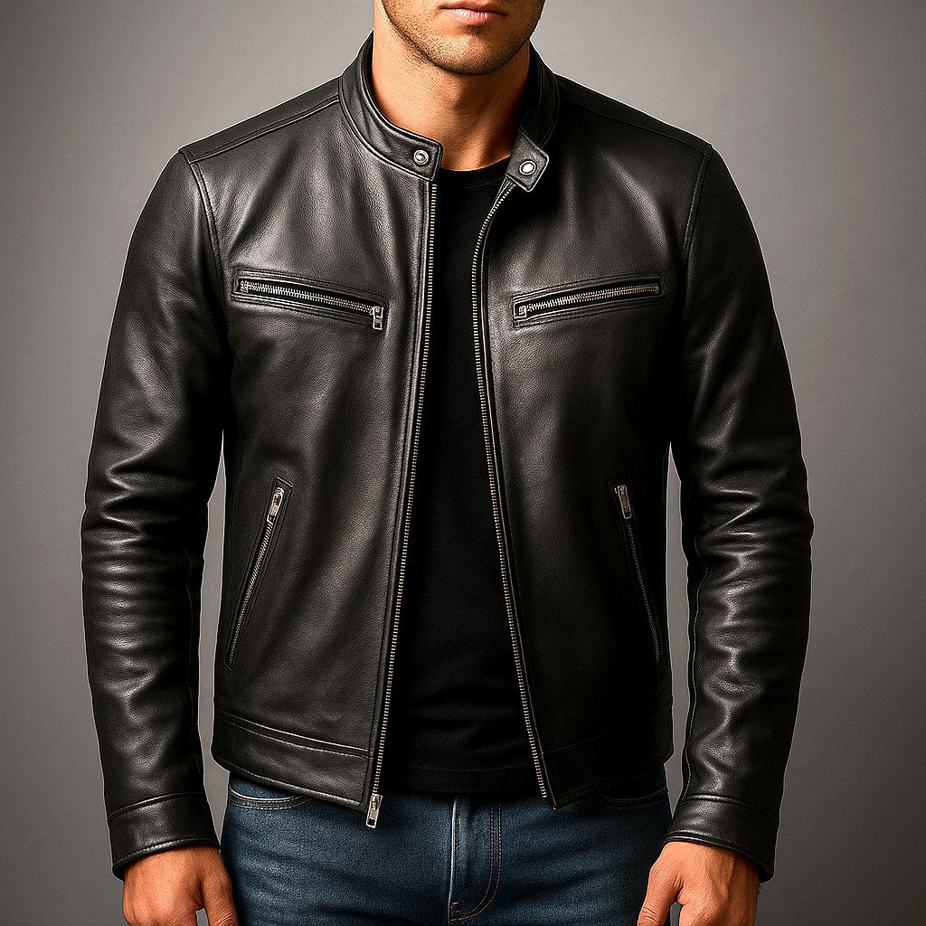 Charles | Men's Vintage Leather Jacket, Timeless Everyday Jacket | Bella Blue | Black