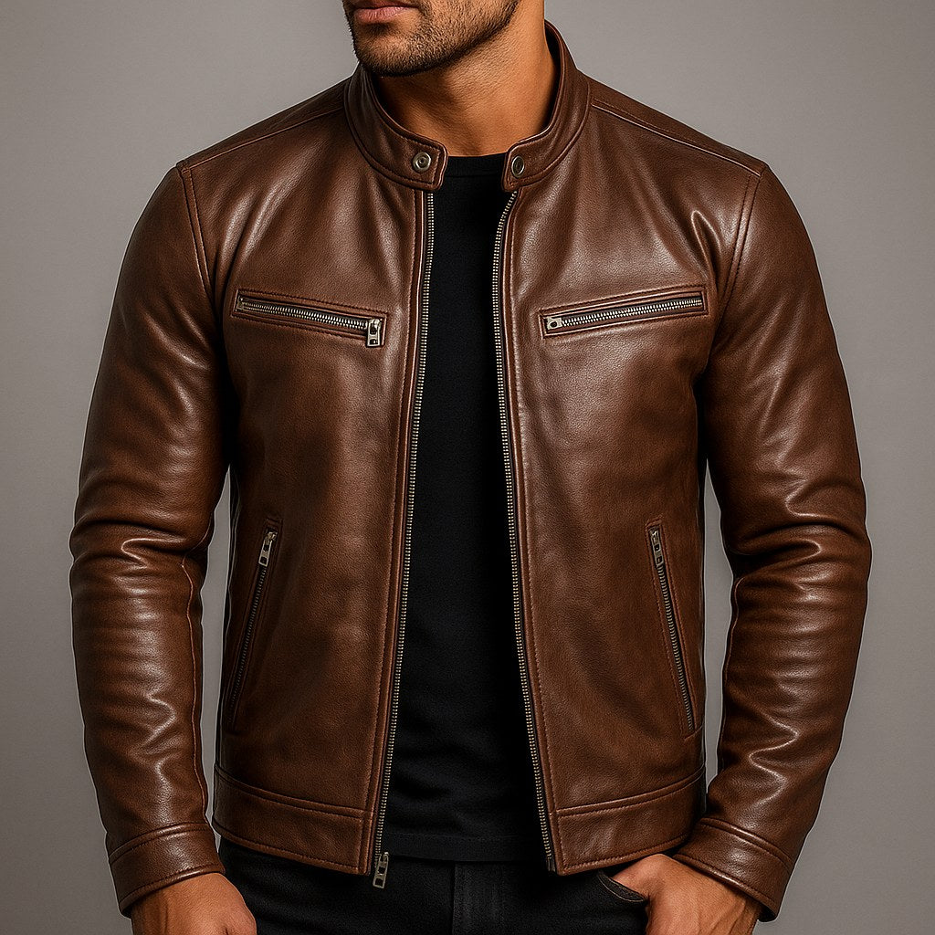 Charles | Men's Vintage Leather Jacket, Timeless Everyday Jacket | Bella Blue | Brown