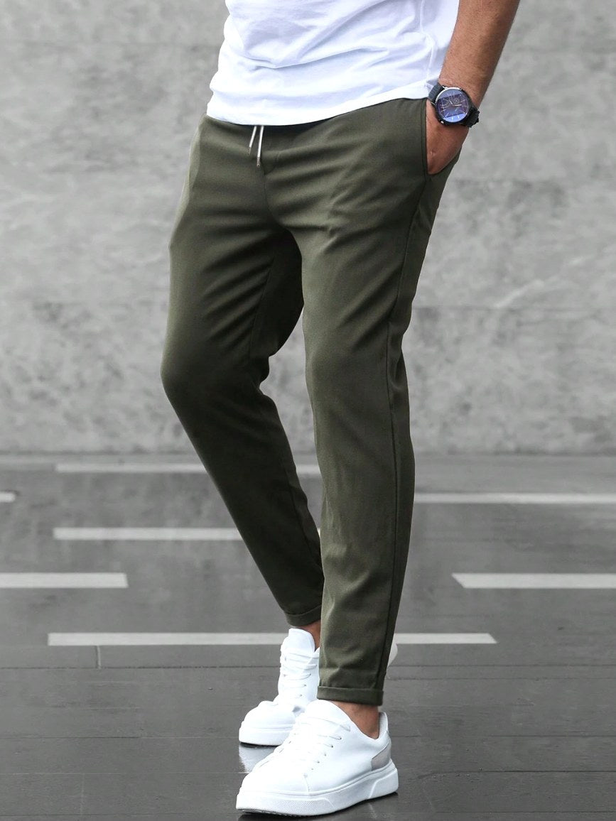 Christian | Men's Slim Fit Trousers with Drawstring, Dark Blue Chinos | Bella Blue | Army Green