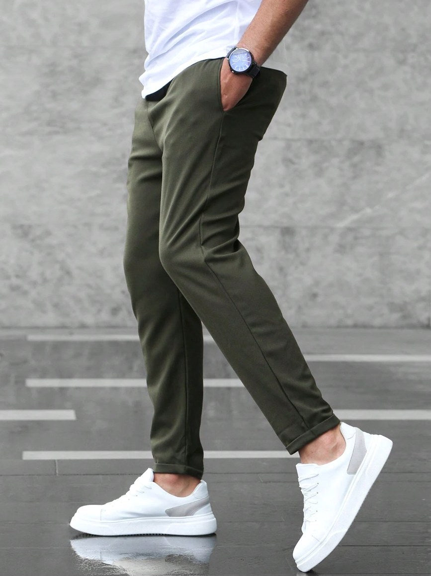 Christian | Men's Slim Fit Trousers with Drawstring, Dark Blue Chinos | Bella Blue | Army Green