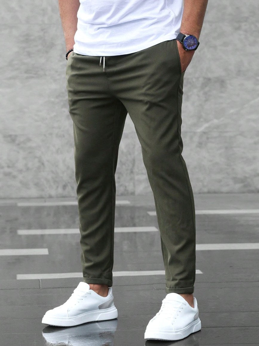 Christian | Men's Slim Fit Trousers with Drawstring, Dark Blue Chinos | Bella Blue | Army Green