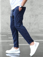 Christian | Men's Slim Fit Trousers with Drawstring, Dark Blue Chinos | Bella Blue | Black